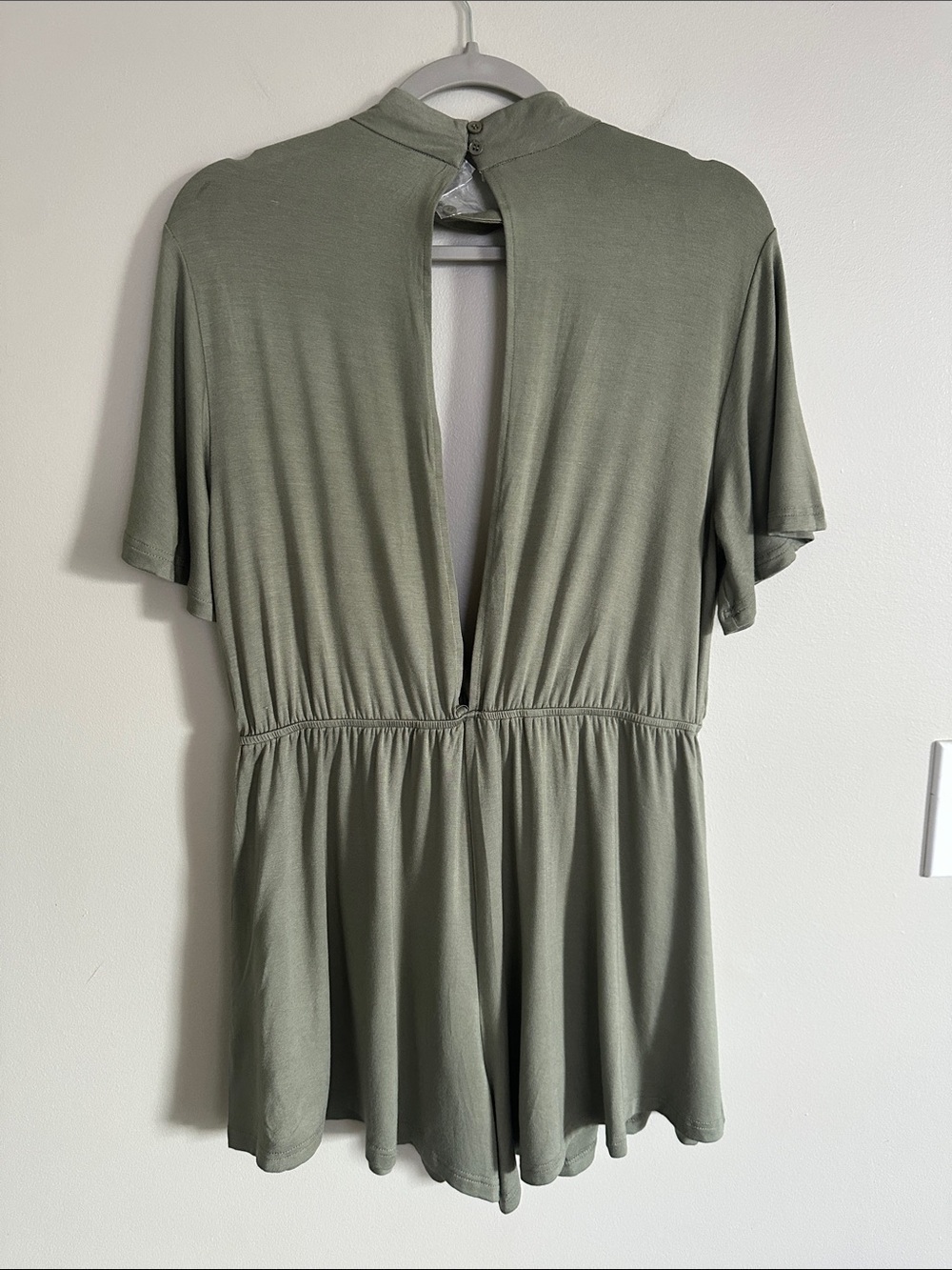 Olive Green Tie-Front V Neck and Back Short Sleeve Romper - Picture 5 of 5